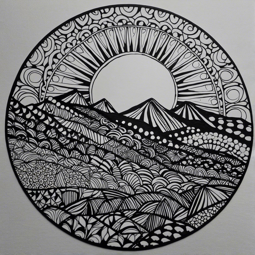 Circular Design with Black and White Patterns and Nature Elements