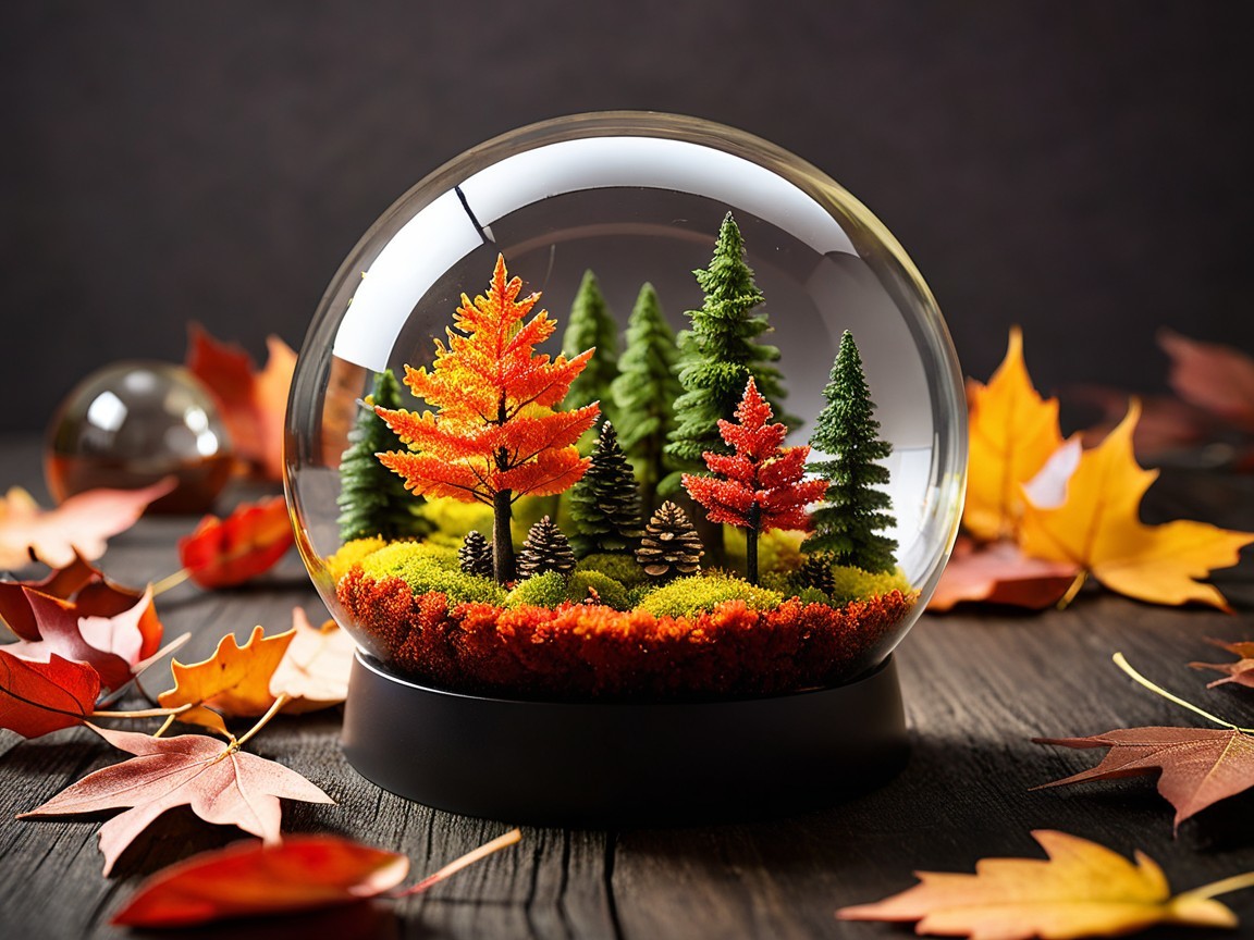 Autumn Scene Snow Globe with Miniature Trees and Leaves