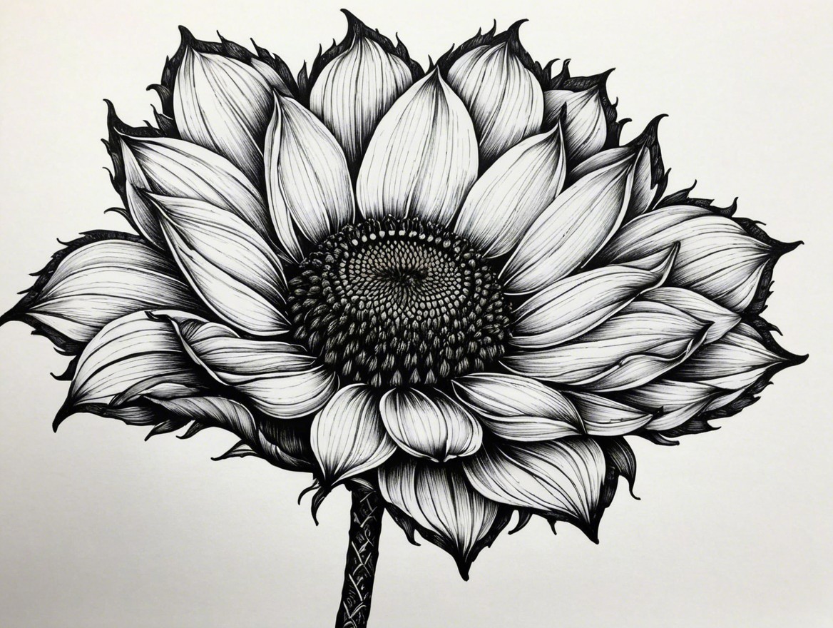Detailed Black-and-White Illustration of a Sunflower
