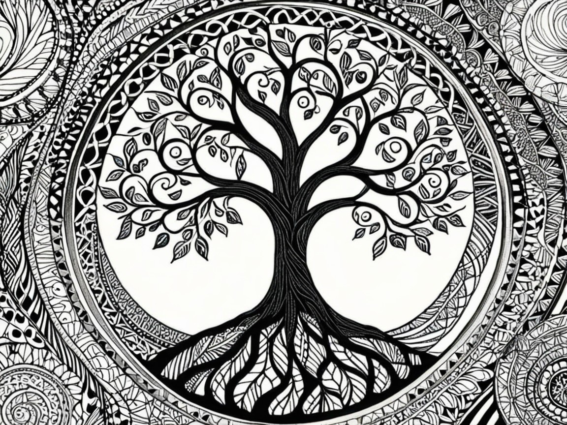 Intricately Designed Black and White Tree Mandala