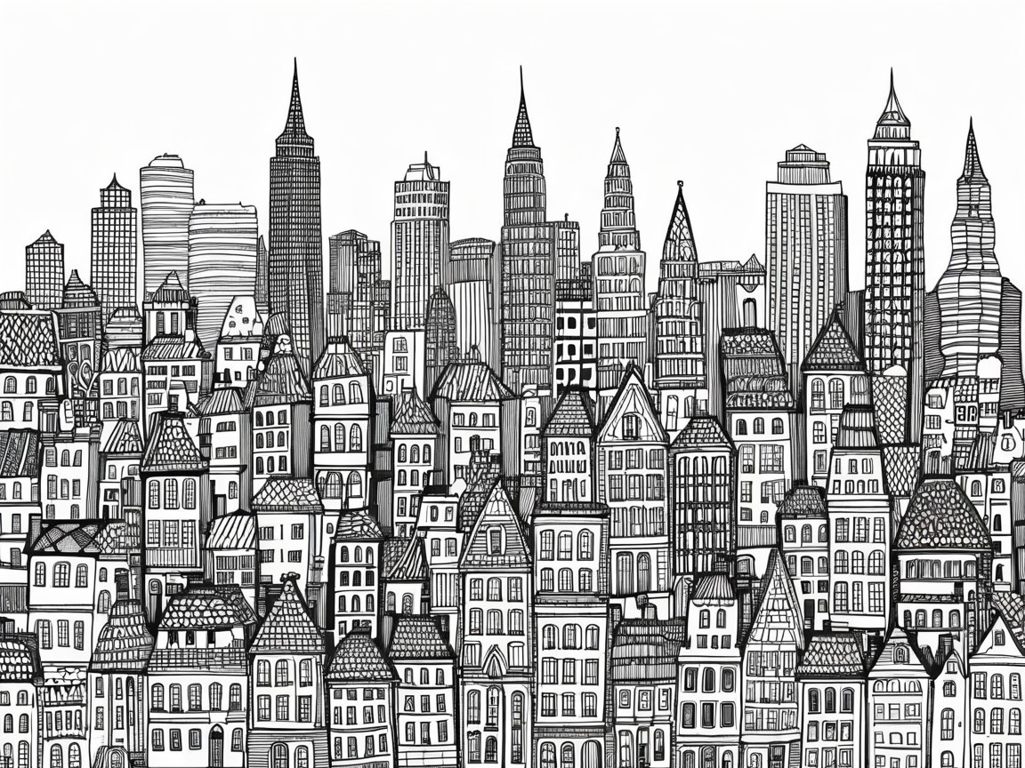 Black and white city skyline illustration with diverse architecture