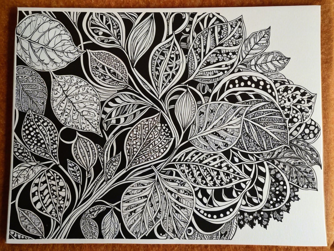 Detailed Black-and-White Illustration of Leaves