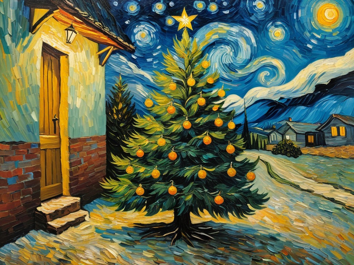 Christmas Tree with Golden Ornaments and Cozy House