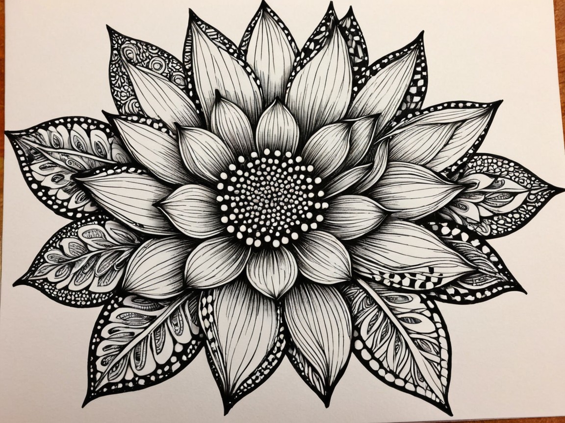 Intricate Black Ink Sunflower Design on White Paper