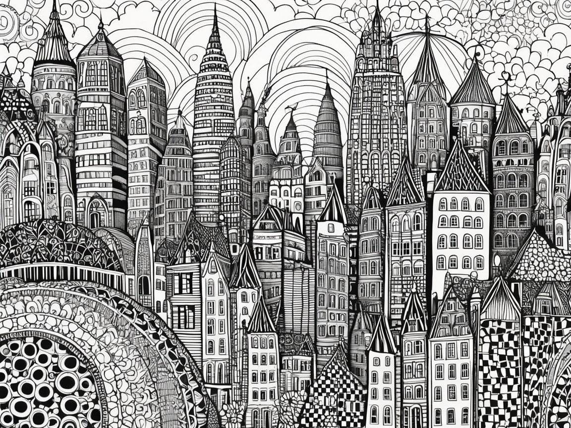 Intricate Black-and-White Cityscape Illustration