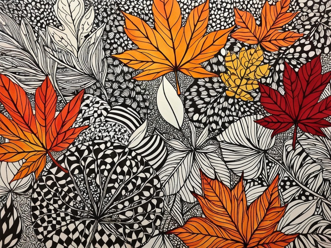 Autumn-Themed Illustration with Colorful Leaves and Patterns