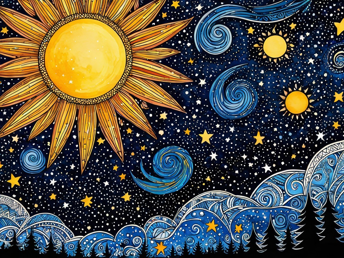 Vibrant Night Sky with Celestial Bodies and Trees