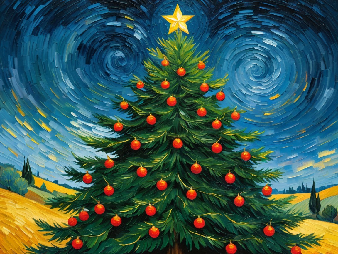 Vibrant Christmas Tree Against Starry Night Sky