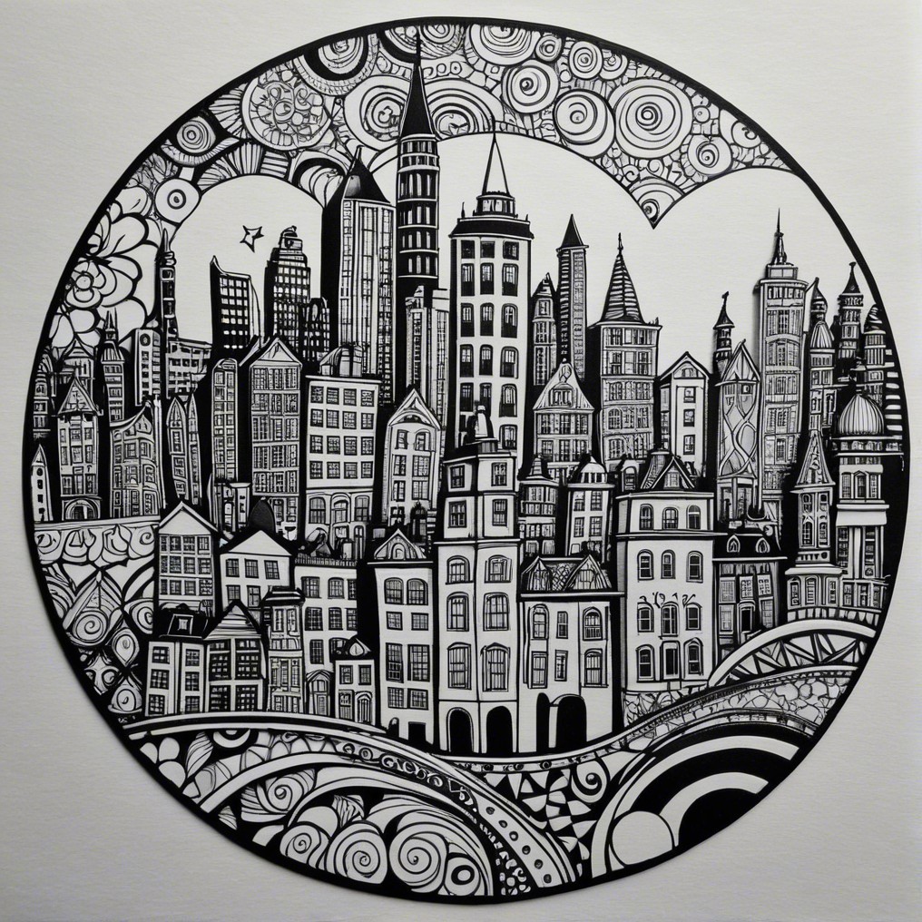 Black and White City Skyline Illustration in Circle