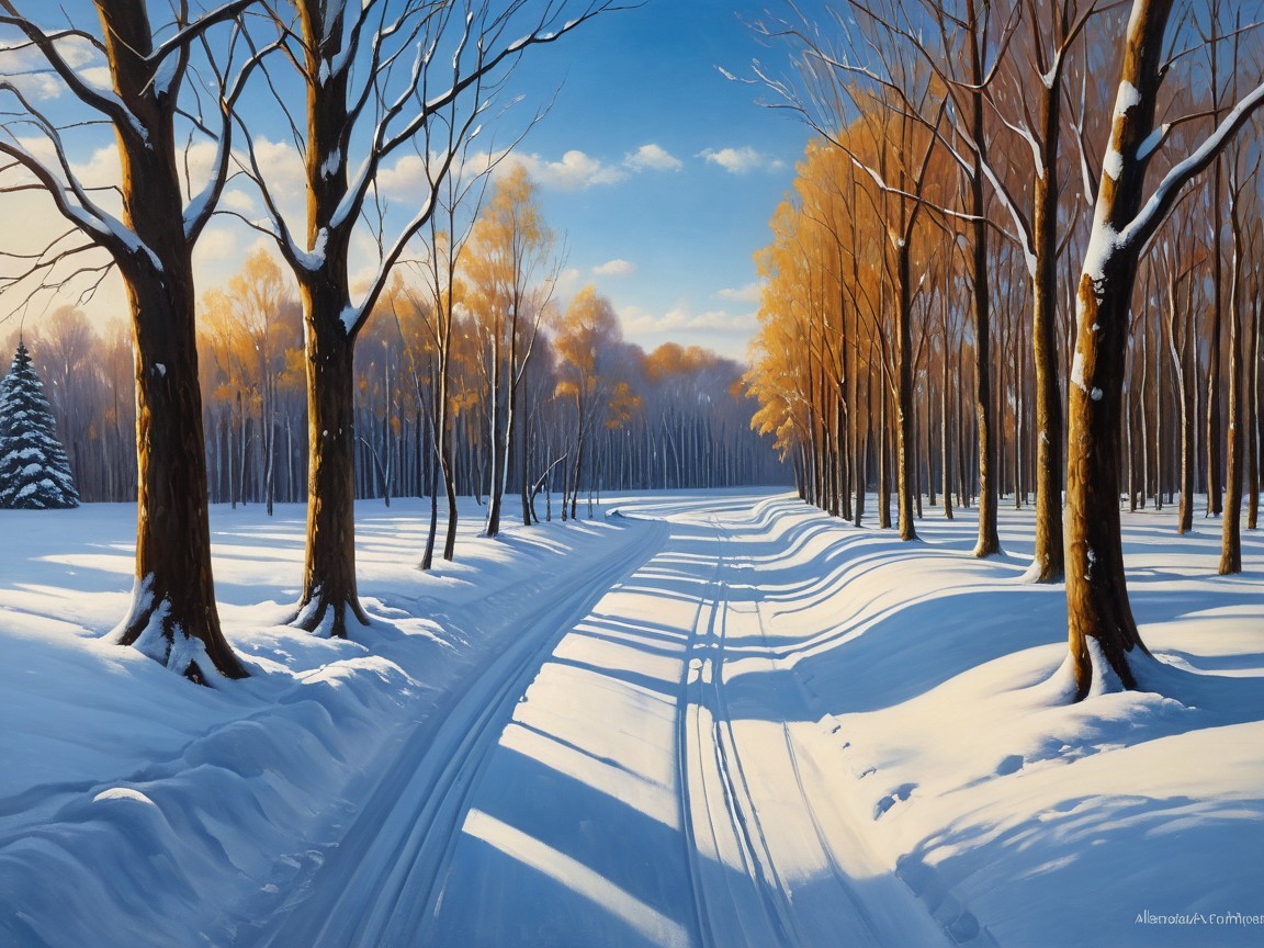 Vivid Winter Landscape with Snowy Path and Trees