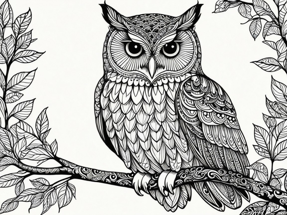 Black and white illustration of an owl on a branch