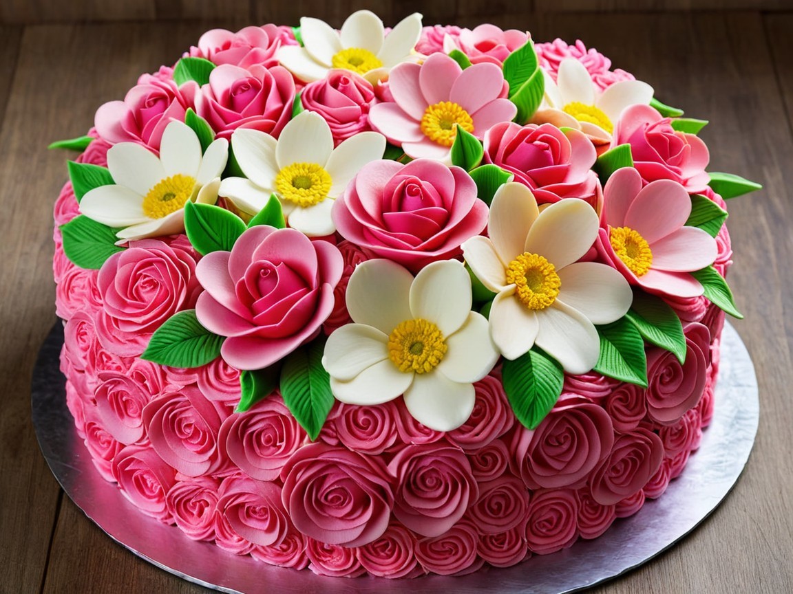 Elegant Cake with Intricate Flower Decorations