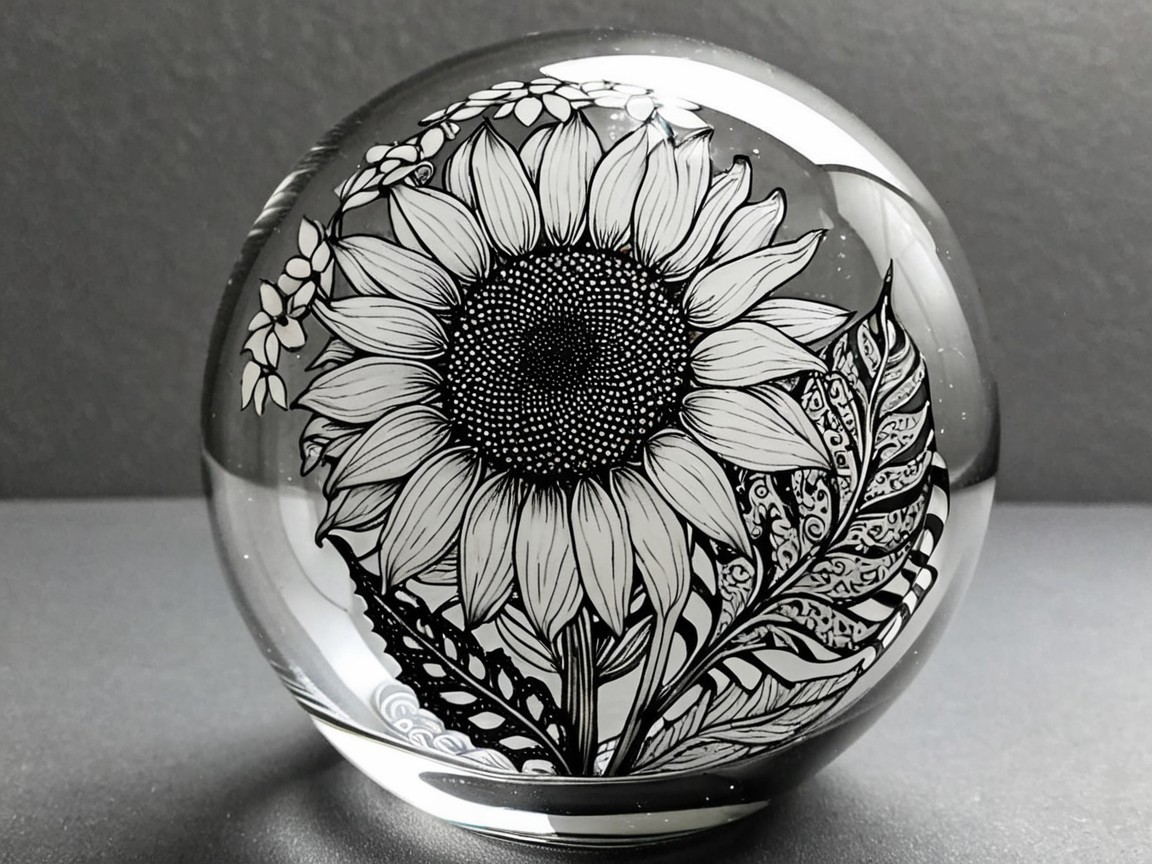 Crystal Orb with Intricate Sunflower Illustration