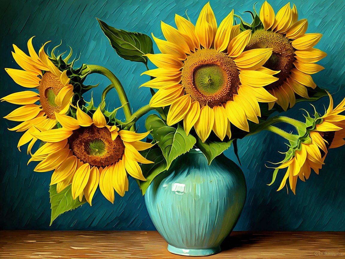 Sunflowers in Turquoise Vase Against Blue Background