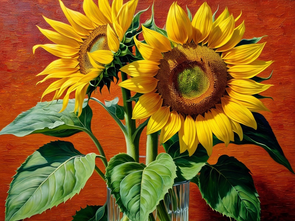 Vibrant Sunflowers in Clear Glass Vase on Orange Background