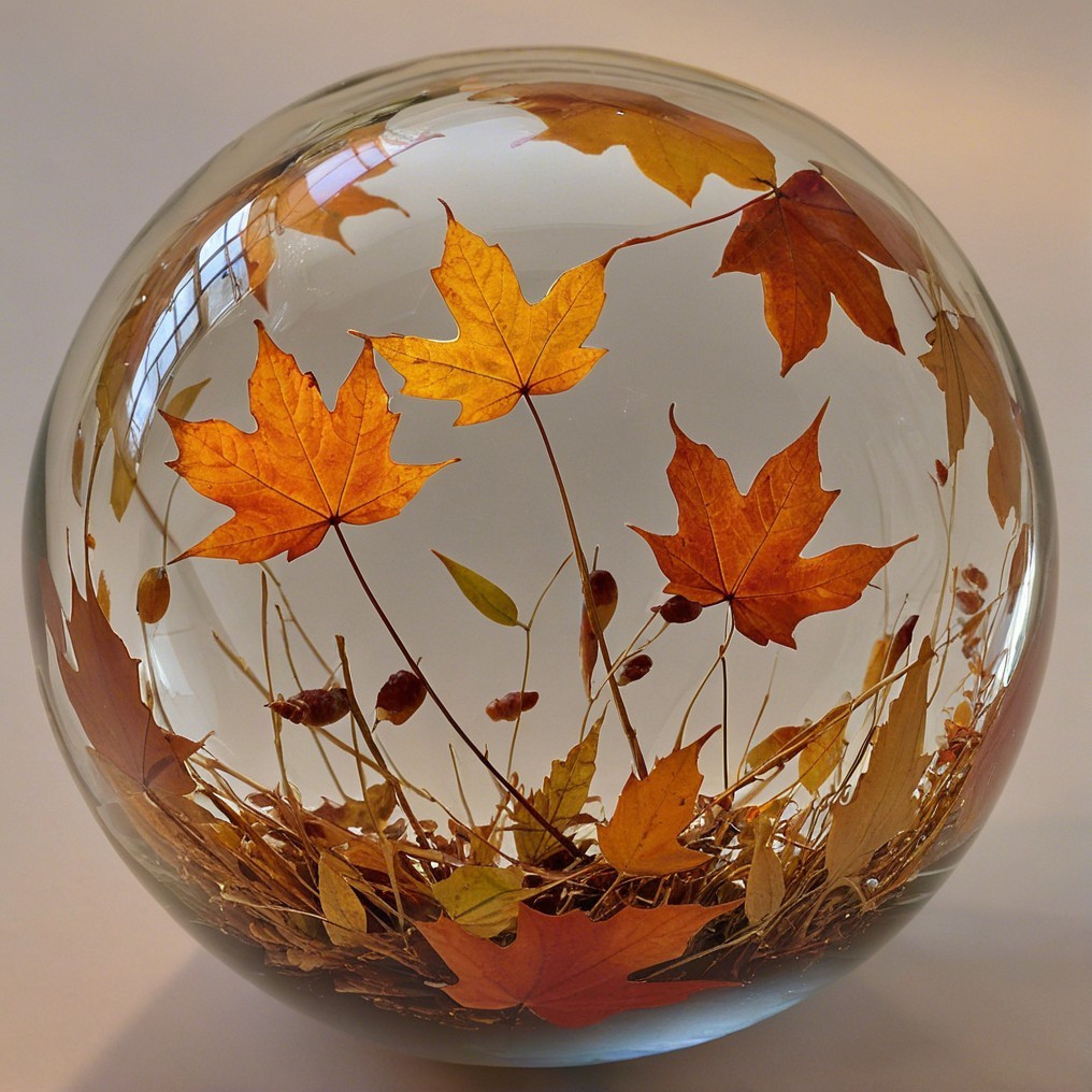 Glass Sphere with Autumn Leaves and Dried Grass