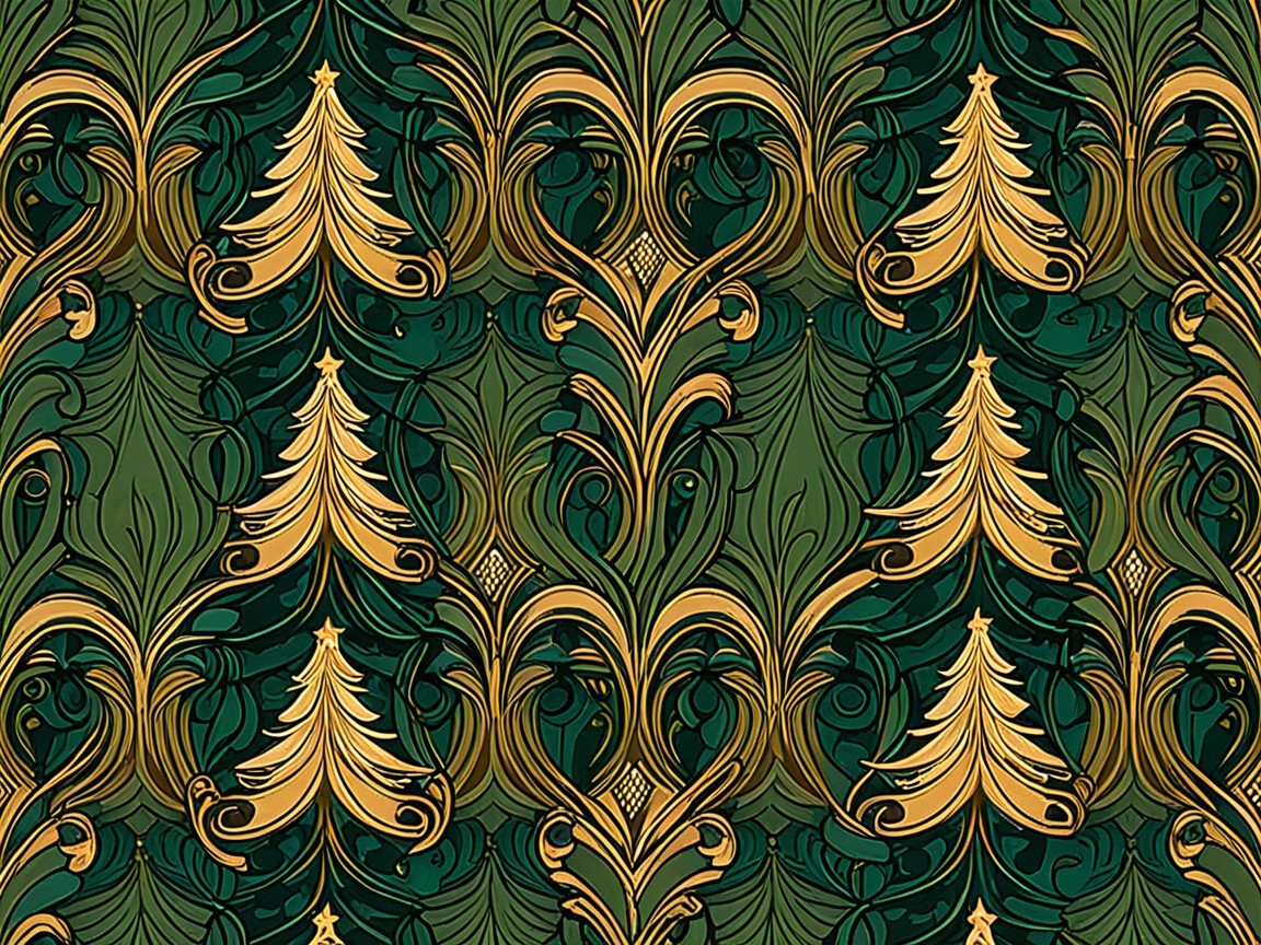 Ornamental Pattern of Golden Trees on Green Background