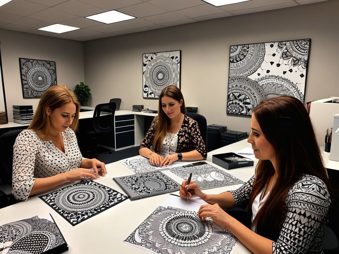 Women Coloring Mandalas in Modern Office Setting