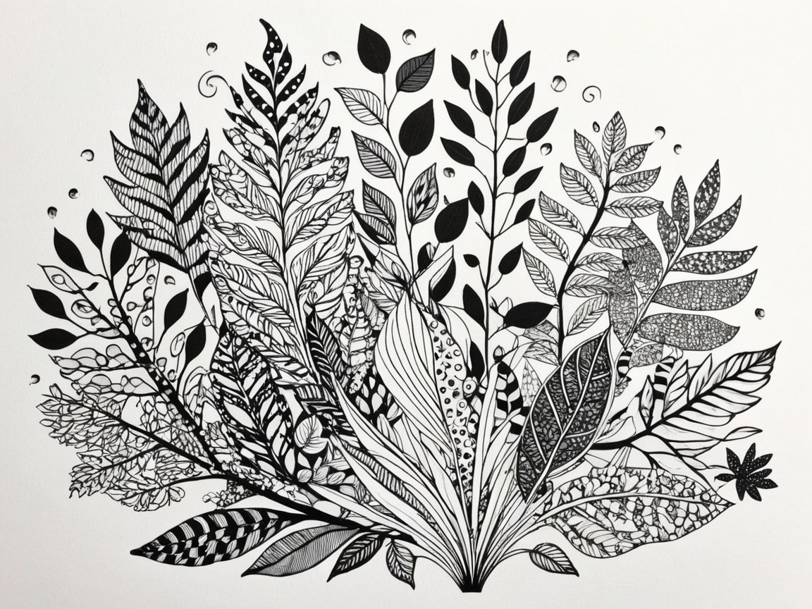 Black-and-white illustration of diverse stylized plants