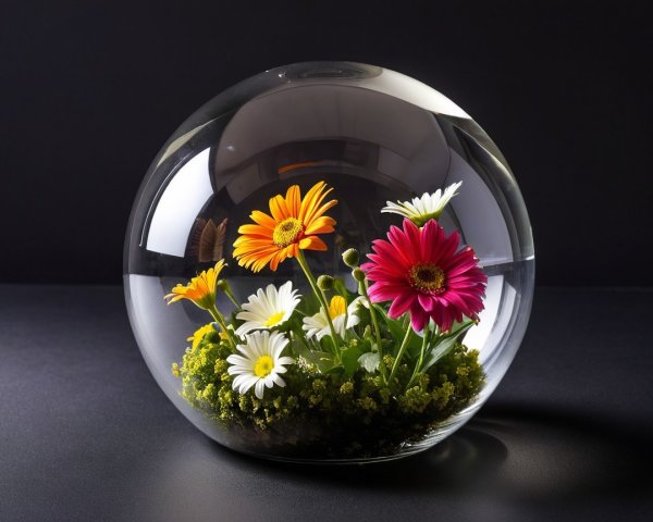 Vibrant Floral Arrangement in Clear Glass Sphere