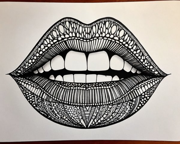 Intricate Black and White Illustration of Stylized Lips
