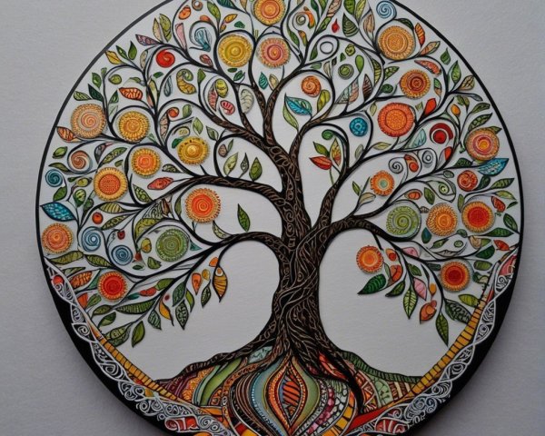Stylized tree with intricate branches and vibrant leaves