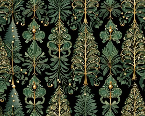 Stylized Trees and Foliage Pattern in Green and Gold