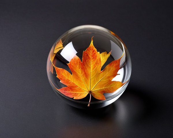 Orange Maple Leaf in Clear Glass Orb on Dark Background