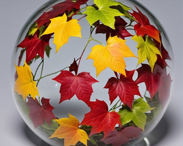 Glass Orb with Colorful Autumn Leaves Display