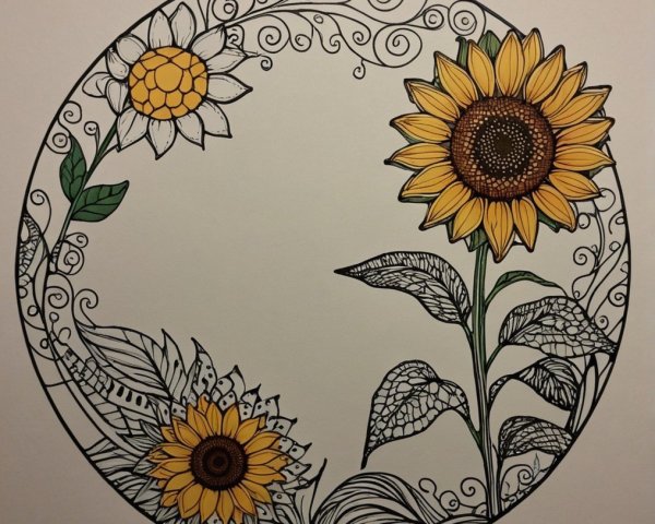 Circular Design with Illustrated Sunflowers and Daisy