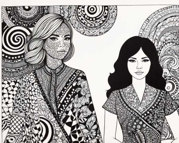 Intricate Black and White Illustration of Two Women