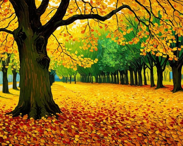 Autumn Pathway with Colorful Leaves and Trees