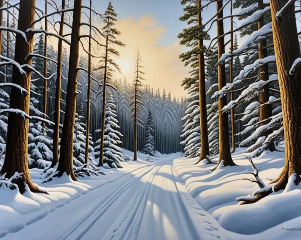 Narrow Snowy Pathway Through a Pine Forest Scene