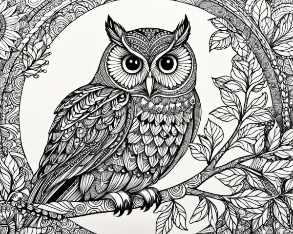 Detailed Black and White Owl Illustration with Nature Elements