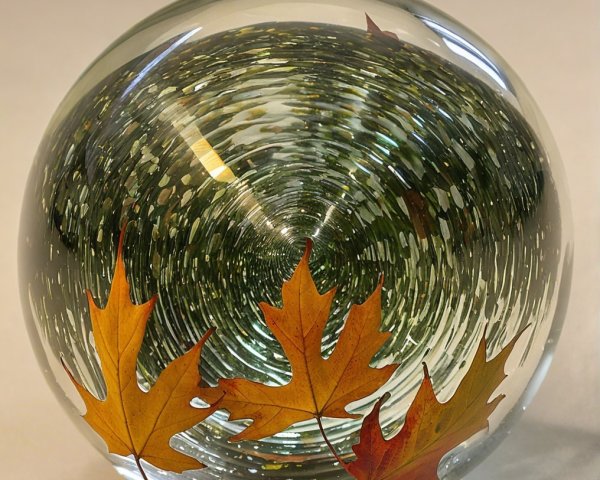 Glass Sphere with Embedded Autumn Leaves and Reflections
