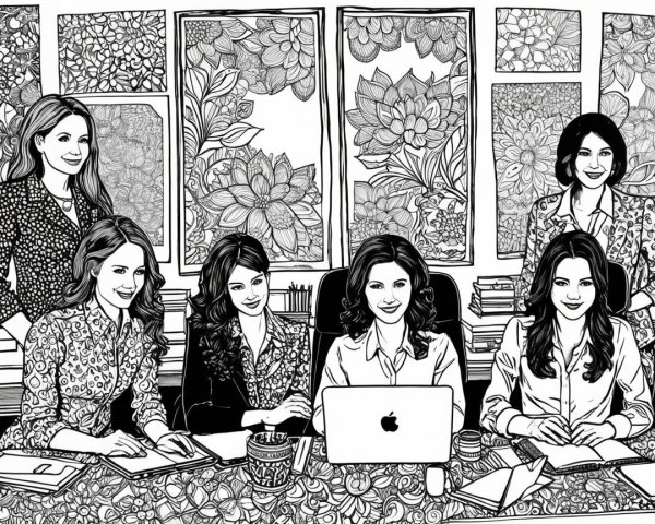 Women Collaborating at a Table with Books and Stationery