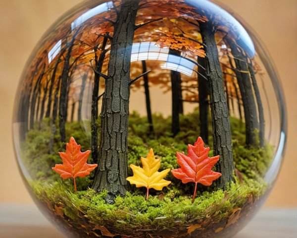 Glass Globe Displaying Autumn Forest Scene with Leaves
