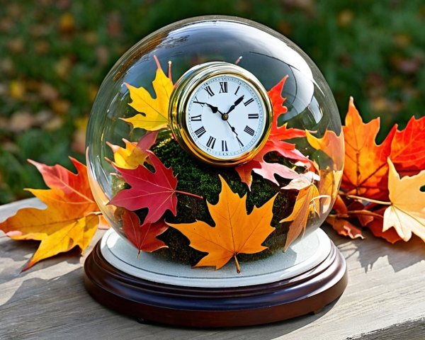 Vintage Clock Under Glass Dome with Autumn Leaves
