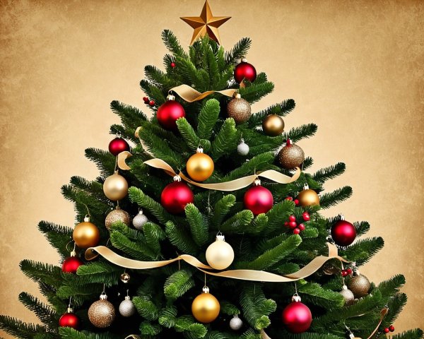 Decorated Christmas Tree with Ornaments and Gold Ribbon