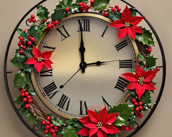 Black Metal Wall Clock with Holiday Wreath Decoration