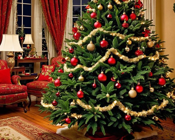 Christmas Tree in Cozy Living Room Decorated Festively