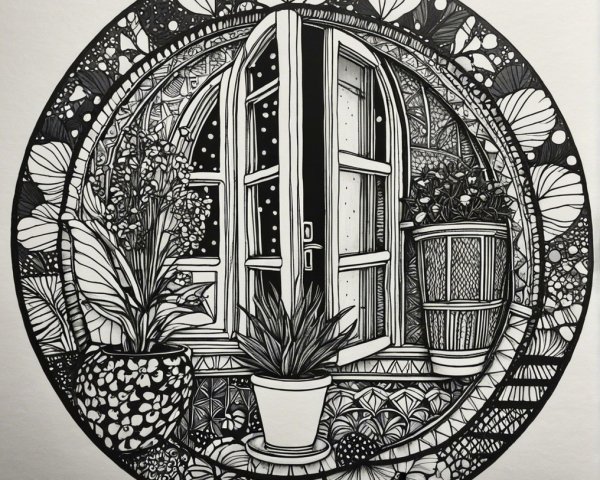 Circular Black-and-White Illustration of Open Window