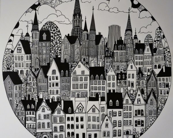 Whimsical Black-and-White Cityscape Illustration