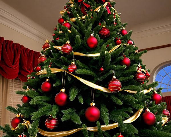 Decorated Christmas Tree with Red Ornaments and Ribbons