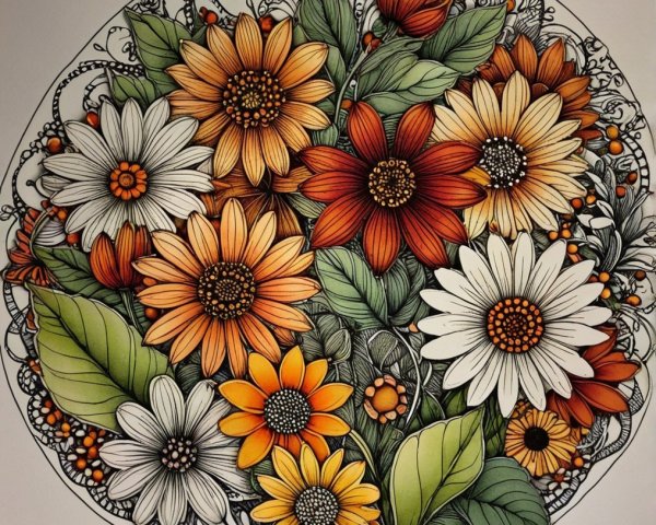 Vibrant Circular Flower Arrangement with Sunflowers and Daisies