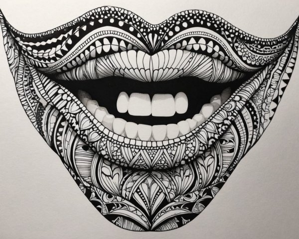 Black and White Illustration of an Ornate Mouth Design