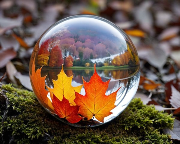 Glass Orb with Autumn Leaves on Mossy Bed