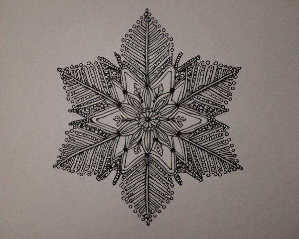 Detailed Black-and-White Illustration of a Snowflake