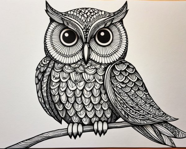 Intricate illustration of an owl on a branch