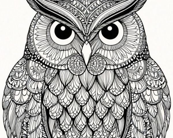 Detailed Black and White Owl Illustration with Patterns